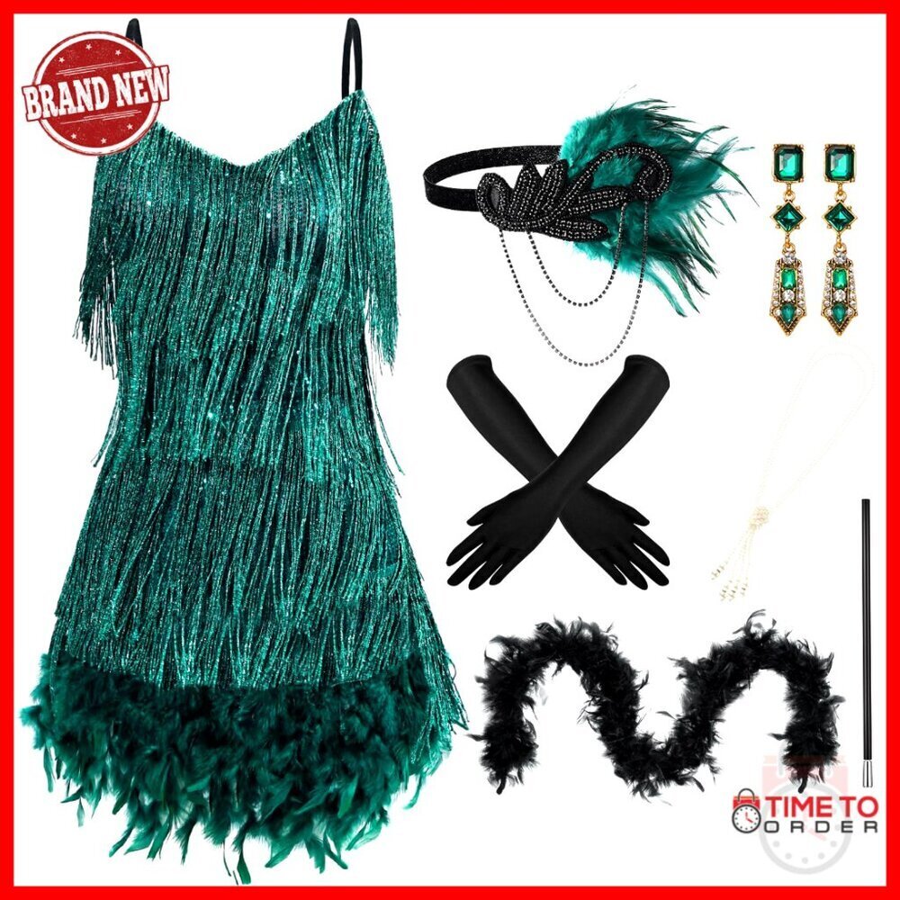 Vintage Flapper Fringed Dress Set with Accessories Elegant Retro Costume